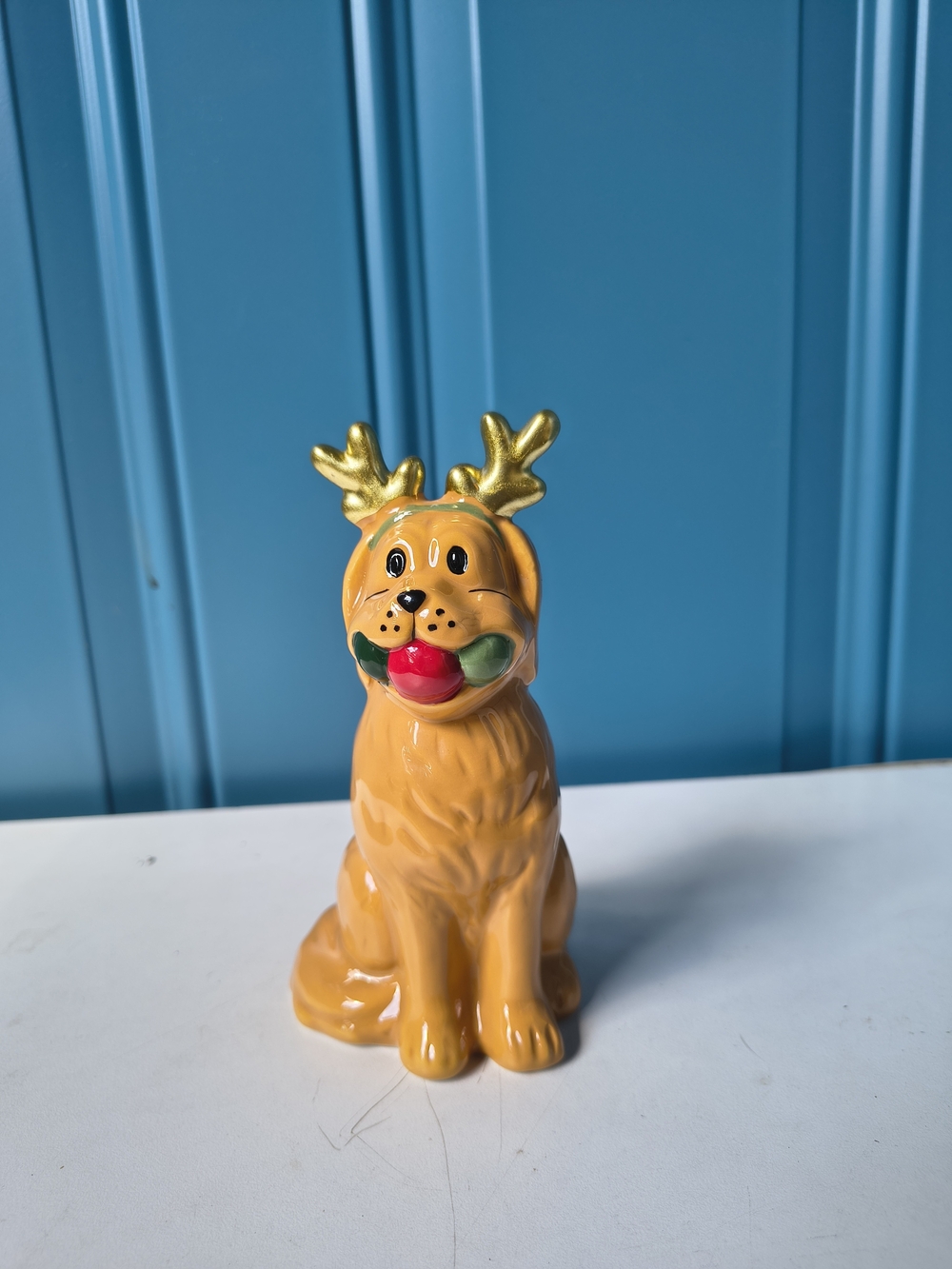 Golden Holiday Dog Figurine Ceramic Decor - Gold Antlers